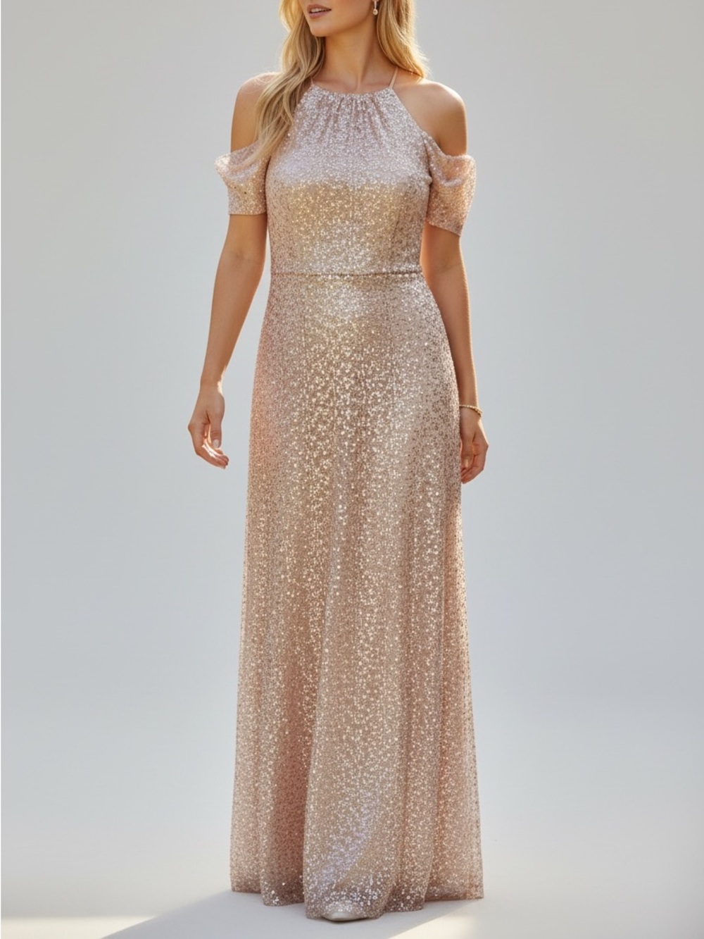 Bill Levkoff Sequin Cold-Shoulder Maxi Gown sz12